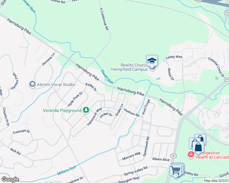map of restaurants, bars, coffee shops, grocery stores, and more near 1313 Veranda Way in Lancaster