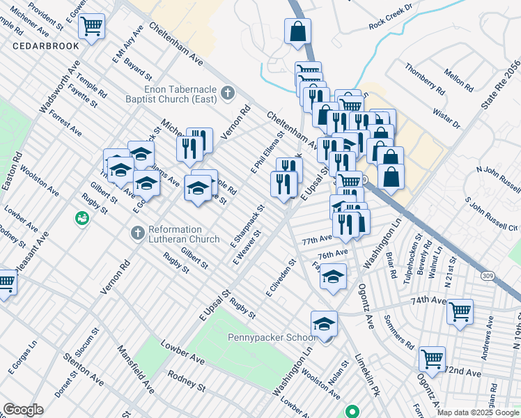 map of restaurants, bars, coffee shops, grocery stores, and more near E Sharpnack St & Temple Rd in Philadelphia