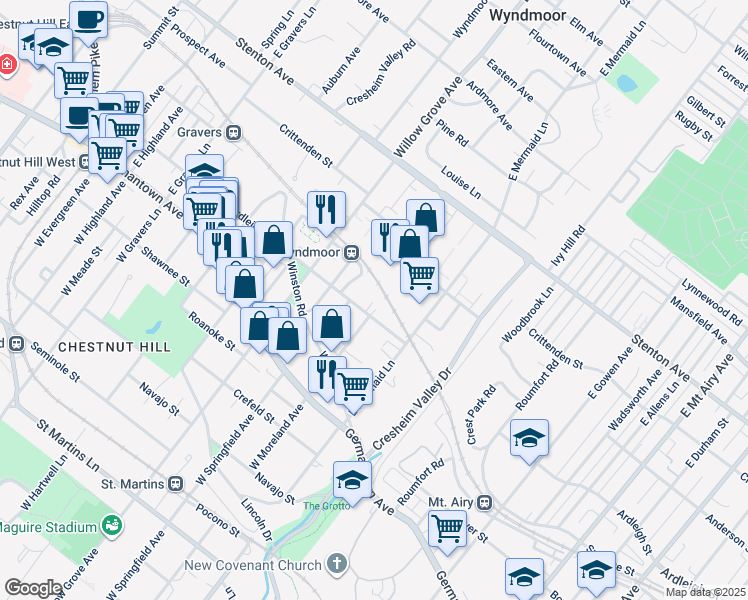 map of restaurants, bars, coffee shops, grocery stores, and more near 7803R07 Ardleigh Street in Philadelphia