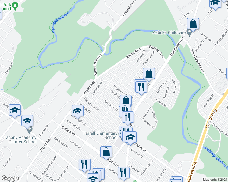 map of restaurants, bars, coffee shops, grocery stores, and more near 1725 Danforth Street in Philadelphia
