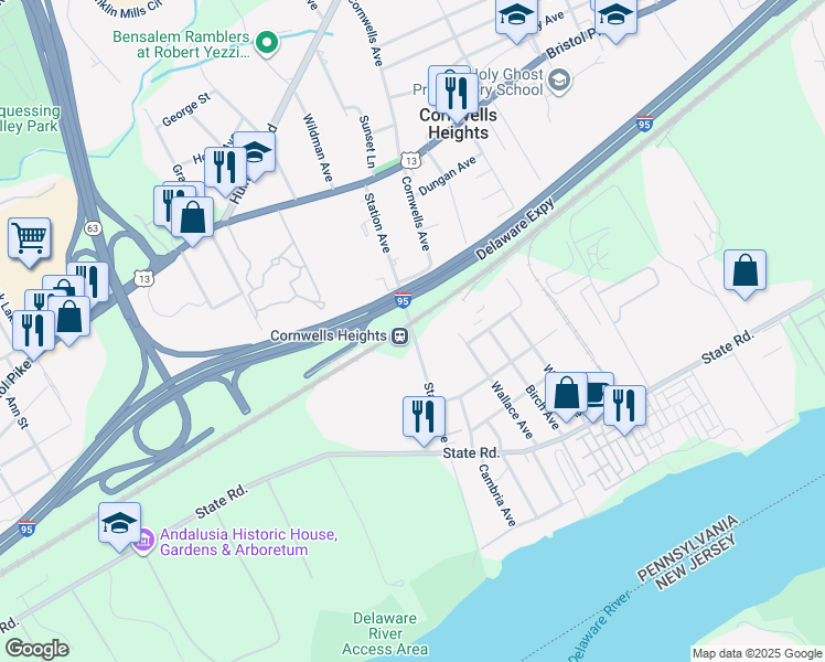 map of restaurants, bars, coffee shops, grocery stores, and more near 813 Station Avenue in Bensalem