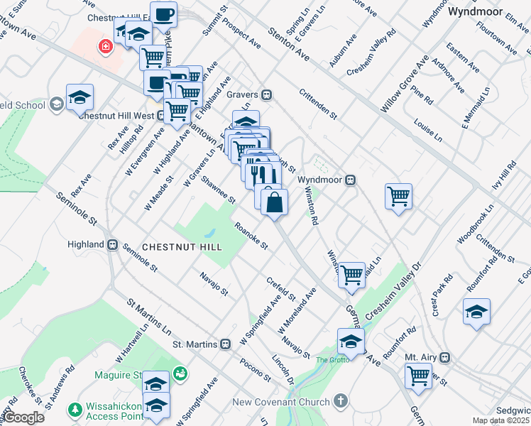 map of restaurants, bars, coffee shops, grocery stores, and more near 8126 Germantown Avenue in Philadelphia