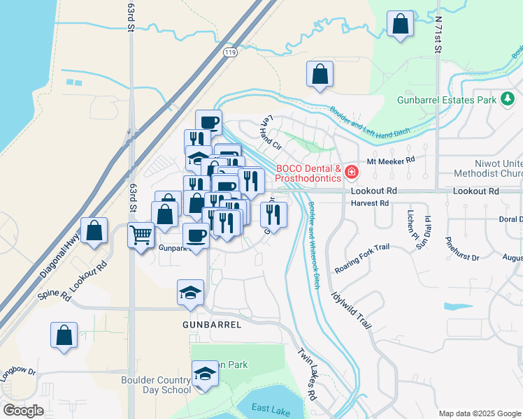 map of restaurants, bars, coffee shops, grocery stores, and more near 5385 Gunbarrel Center Court in Boulder