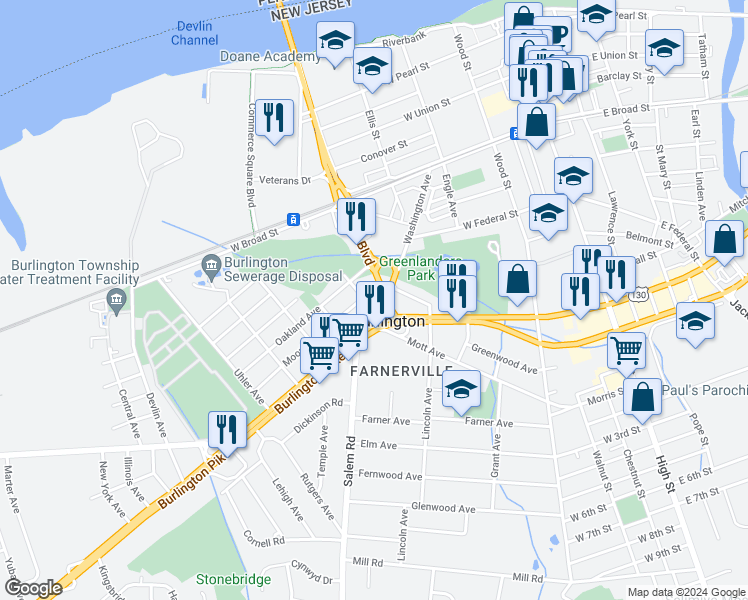 map of restaurants, bars, coffee shops, grocery stores, and more near 584 Washington Avenue in Burlington