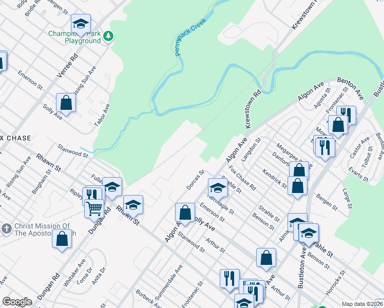 map of restaurants, bars, coffee shops, grocery stores, and more near 8237 Rose Petal Drive in Philadelphia