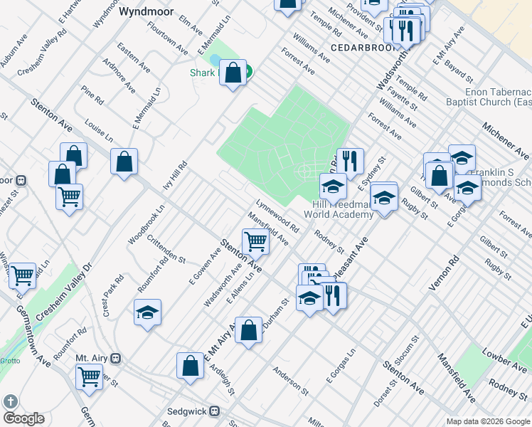 map of restaurants, bars, coffee shops, grocery stores, and more near 8421 Lynnewood Road in Philadelphia
