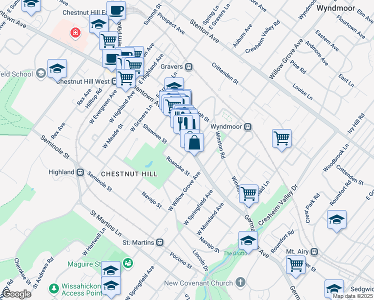 map of restaurants, bars, coffee shops, grocery stores, and more near 8126 Germantown Avenue in Philadelphia