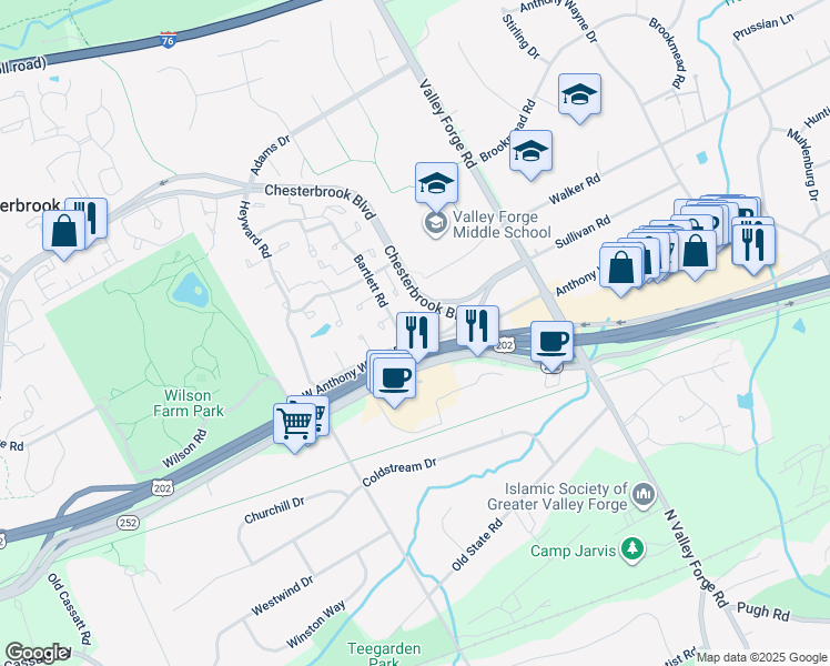 map of restaurants, bars, coffee shops, grocery stores, and more near 104 Dickinson Road in Chesterbrook