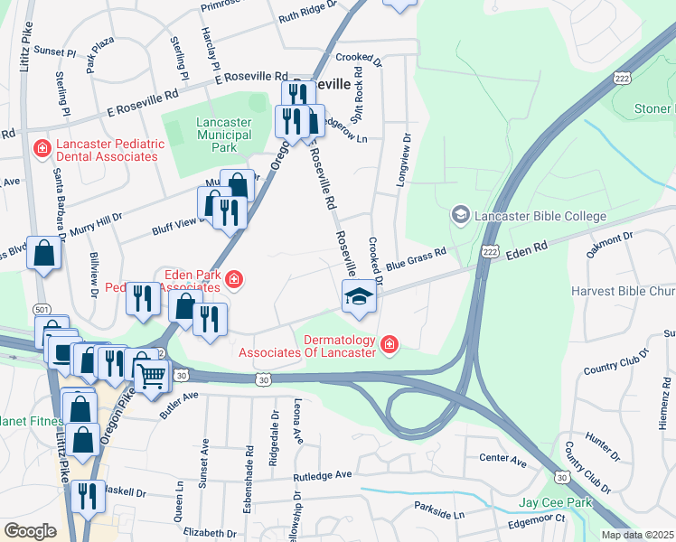 map of restaurants, bars, coffee shops, grocery stores, and more near 615-619 East Roseville Road in Lancaster