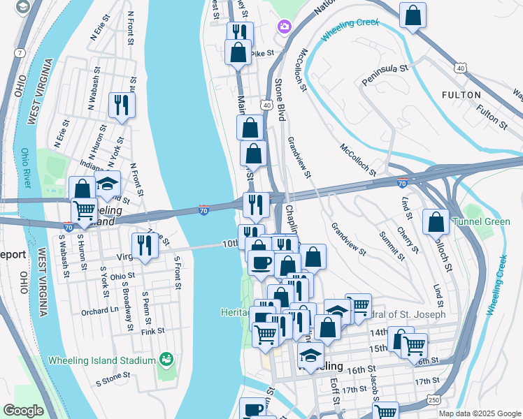 map of restaurants, bars, coffee shops, grocery stores, and more near 838 Main Street in Wheeling