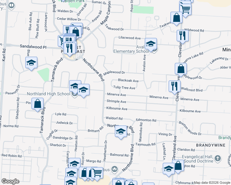 map of restaurants, bars, coffee shops, grocery stores, and more near 2156 Tulip Tree Avenue in Columbus