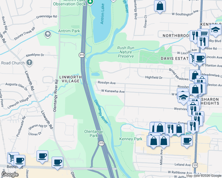 map of restaurants, bars, coffee shops, grocery stores, and more near 444 Rosslyn Avenue in Columbus