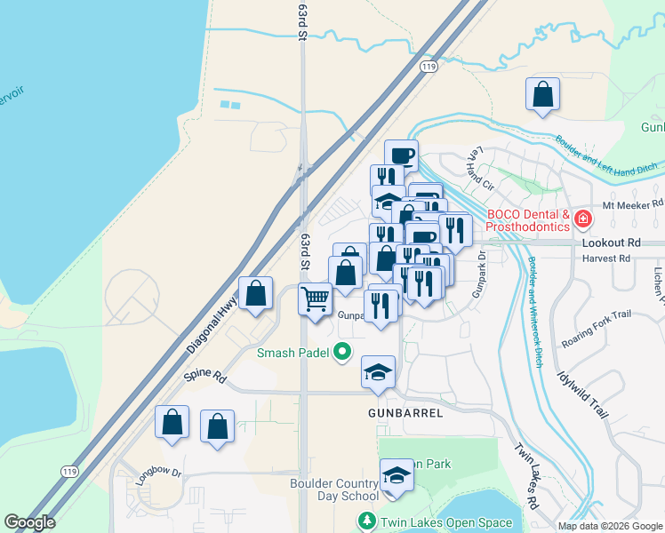 map of restaurants, bars, coffee shops, grocery stores, and more near 6333 Lookout Road in Boulder