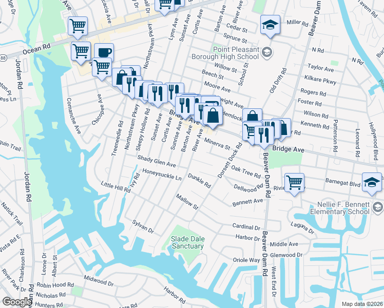 map of restaurants, bars, coffee shops, grocery stores, and more near 1318 Barton Avenue in Point Pleasant
