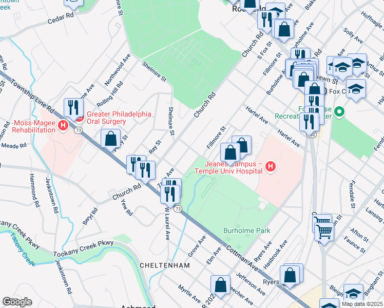 map of restaurants, bars, coffee shops, grocery stores, and more near 301 Zane Avenue in Jenkintown
