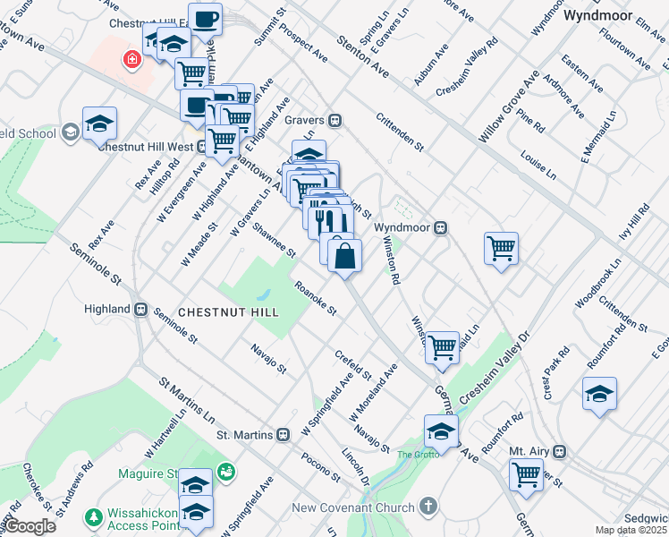 map of restaurants, bars, coffee shops, grocery stores, and more near 8126 Germantown Avenue in Philadelphia