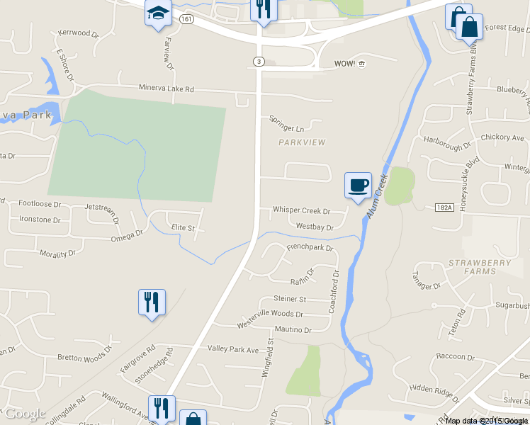 map of restaurants, bars, coffee shops, grocery stores, and more near 3426 Whisper Creek Drive in Columbus