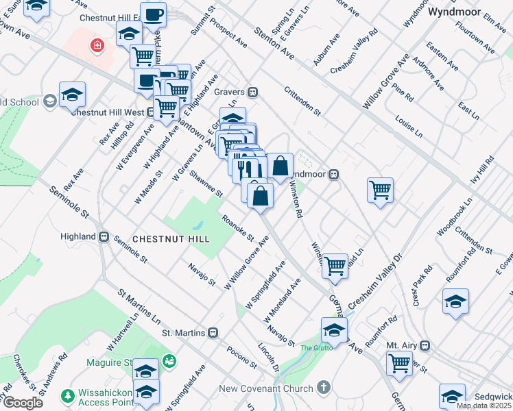 map of restaurants, bars, coffee shops, grocery stores, and more near 8073 Germantown Avenue in Philadelphia