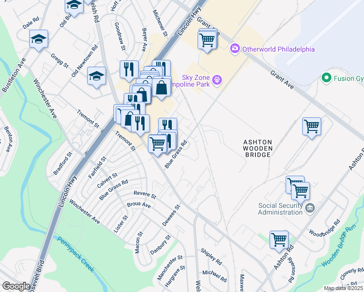 map of restaurants, bars, coffee shops, grocery stores, and more near 9204 Blue Grass Road in Philadelphia