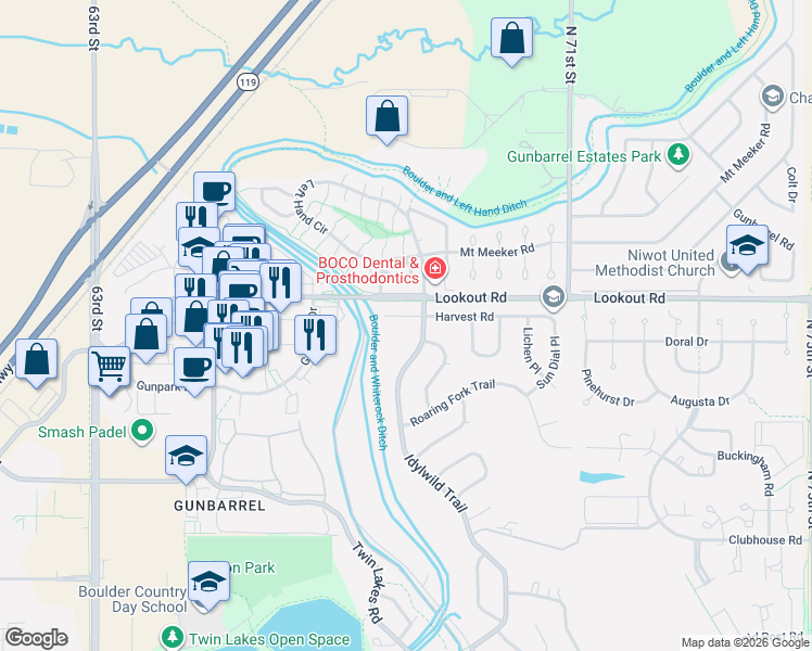 map of restaurants, bars, coffee shops, grocery stores, and more near 6809 Harvest Road in Boulder