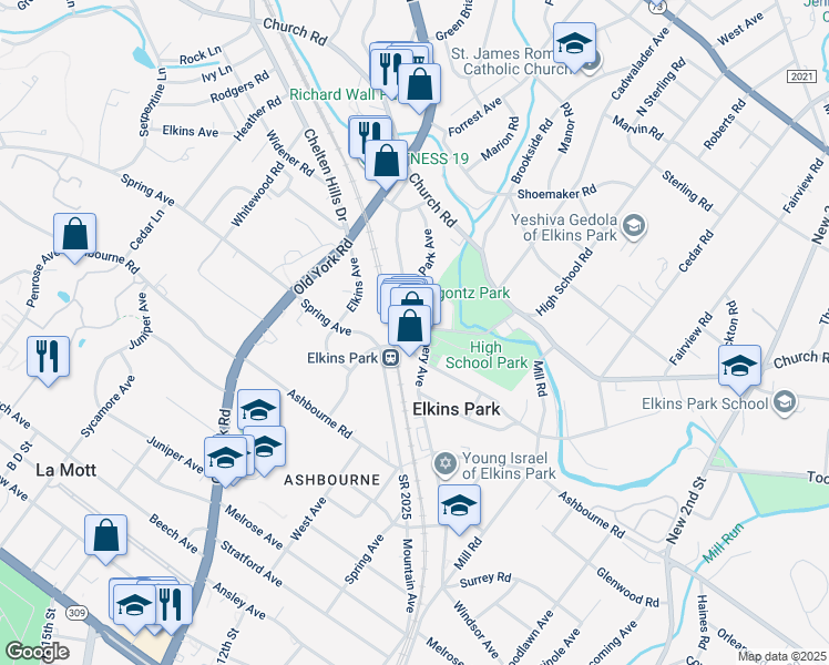 map of restaurants, bars, coffee shops, grocery stores, and more near 7909 High School Road in Elkins Park