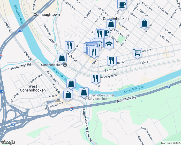 map of restaurants, bars, coffee shops, grocery stores, and more near 43 Harry Street in Conshohocken