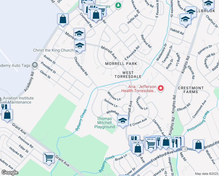 map of restaurants, bars, coffee shops, grocery stores, and more near 3590 Churchill Lane in Philadelphia