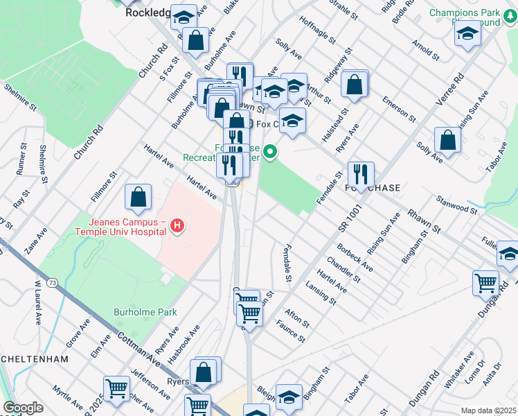 map of restaurants, bars, coffee shops, grocery stores, and more near 7809 Rockwell Avenue in Philadelphia