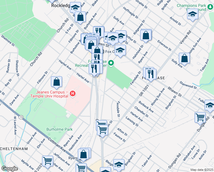 map of restaurants, bars, coffee shops, grocery stores, and more near 7809 Rockwell Avenue in Philadelphia