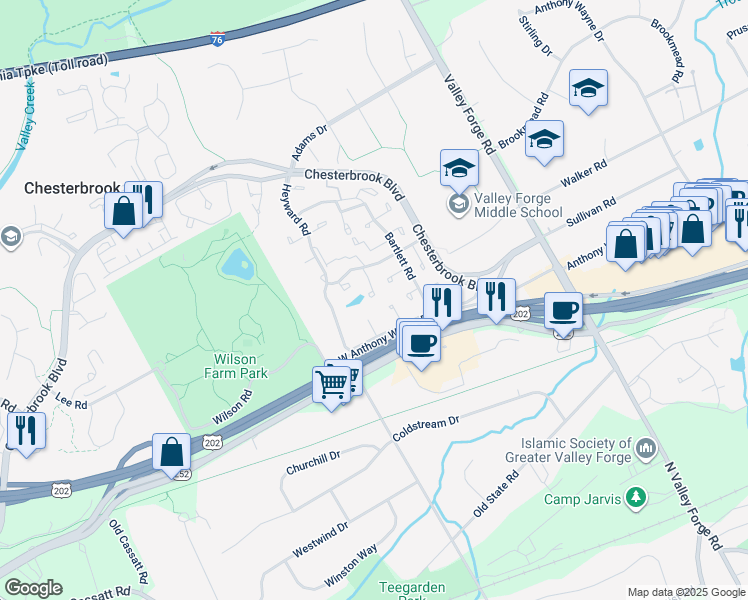 map of restaurants, bars, coffee shops, grocery stores, and more near 323 Headhouse Court in Chesterbrook
