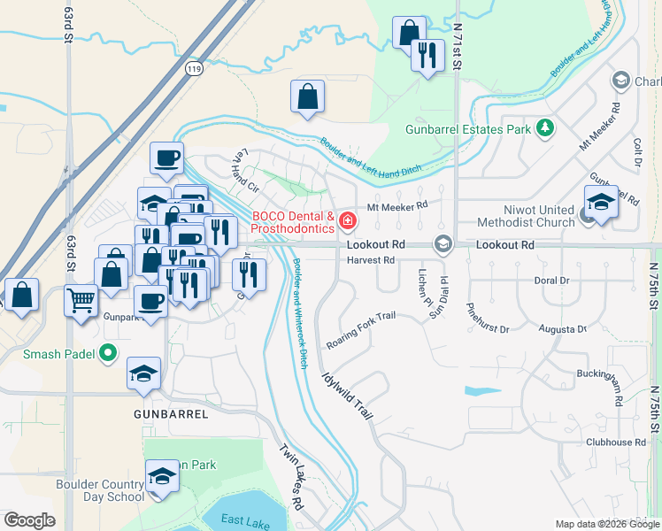 map of restaurants, bars, coffee shops, grocery stores, and more near in Boulder