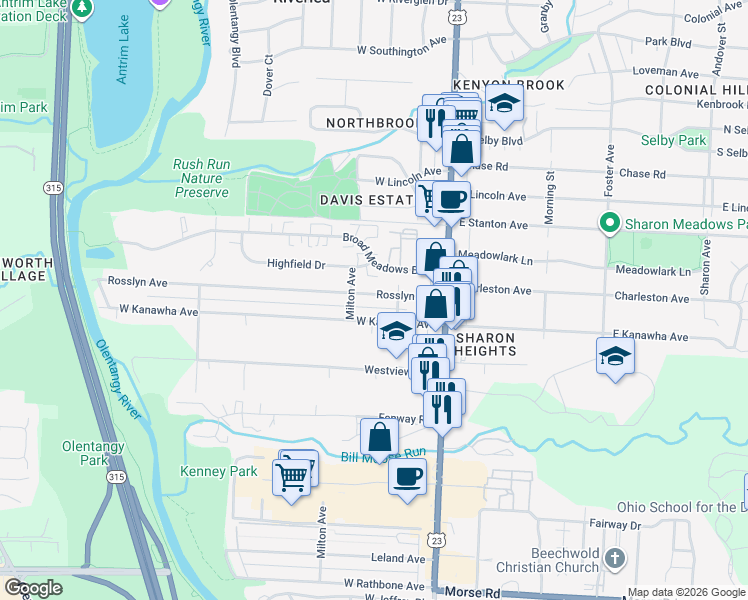 map of restaurants, bars, coffee shops, grocery stores, and more near 112 Rosslyn Avenue in Columbus