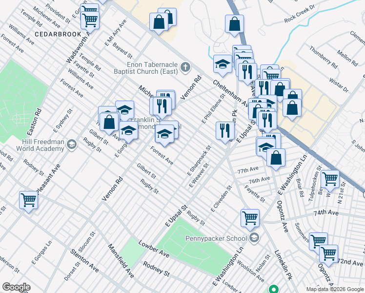 map of restaurants, bars, coffee shops, grocery stores, and more near 7907 Fayette Street in Philadelphia