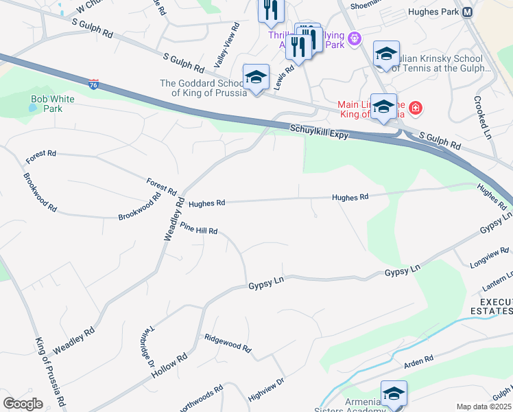 map of restaurants, bars, coffee shops, grocery stores, and more near 485 Hughes Road in King of Prussia