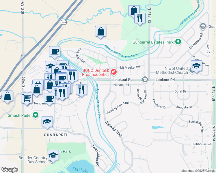 map of restaurants, bars, coffee shops, grocery stores, and more near in Boulder