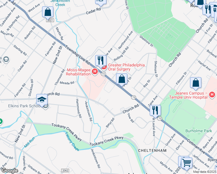 map of restaurants, bars, coffee shops, grocery stores, and more near 46 Township Line Road in Elkins Park