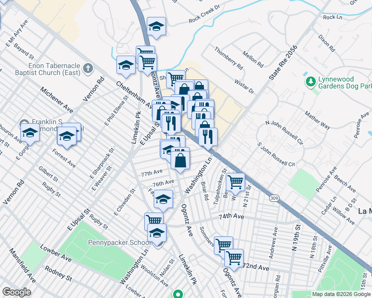 map of restaurants, bars, coffee shops, grocery stores, and more near 2300 79th Avenue in Philadelphia