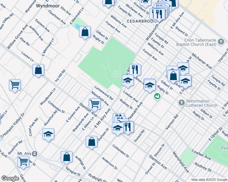 map of restaurants, bars, coffee shops, grocery stores, and more near 1051 Easton Road in Philadelphia