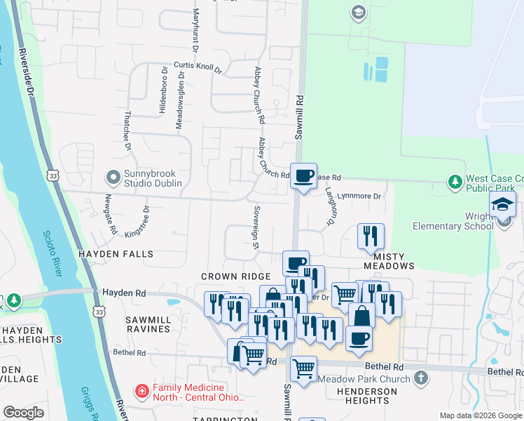 map of restaurants, bars, coffee shops, grocery stores, and more near 2952 West Case Road in Columbus