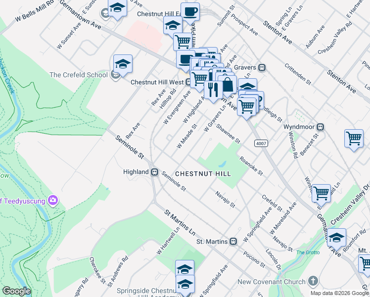 map of restaurants, bars, coffee shops, grocery stores, and more near 201 West Gravers Lane in Philadelphia