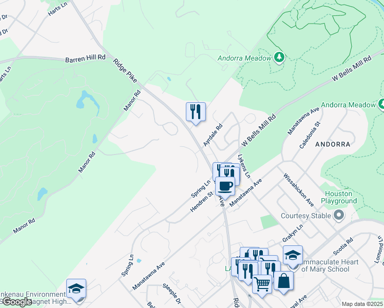 map of restaurants, bars, coffee shops, grocery stores, and more near 9110 Ayrdale Crescent in Philadelphia