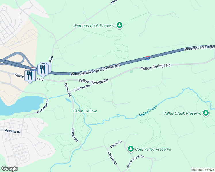 map of restaurants, bars, coffee shops, grocery stores, and more near 2256 Yellow Springs Road in Malvern