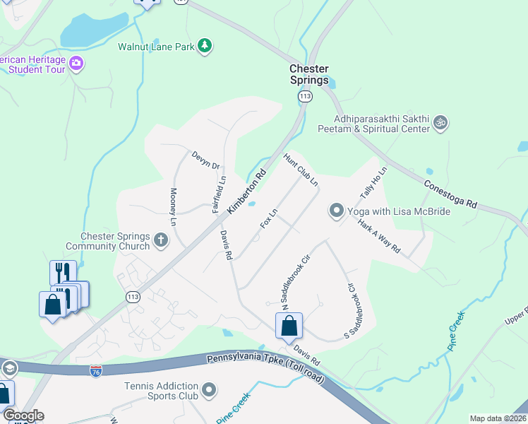 map of restaurants, bars, coffee shops, grocery stores, and more near 724 Kimberton Road in Chester Springs