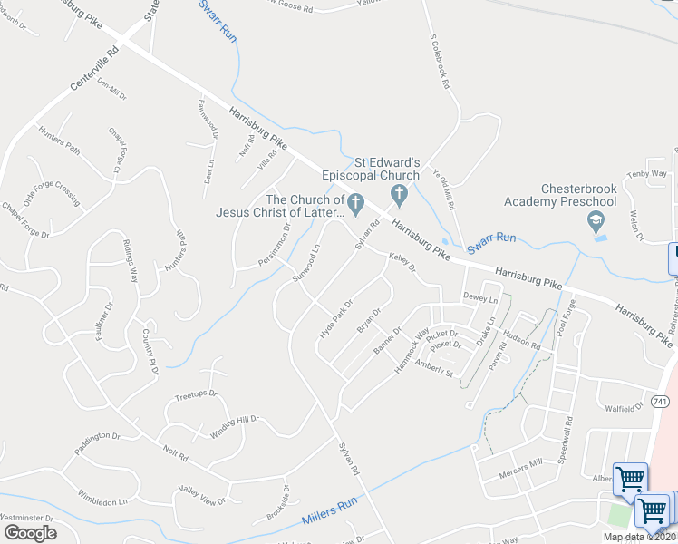 map of restaurants, bars, coffee shops, grocery stores, and more near 1366 Sylvan Road in Lancaster