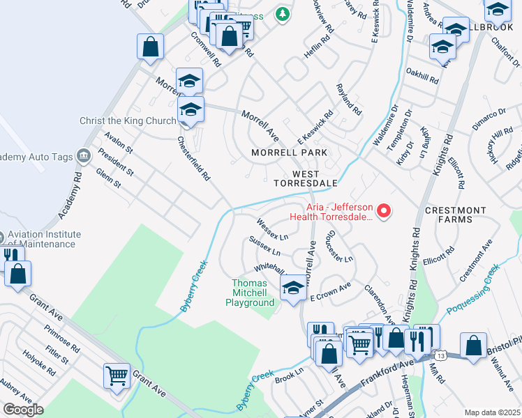 map of restaurants, bars, coffee shops, grocery stores, and more near 3590 Churchill Lane in Philadelphia