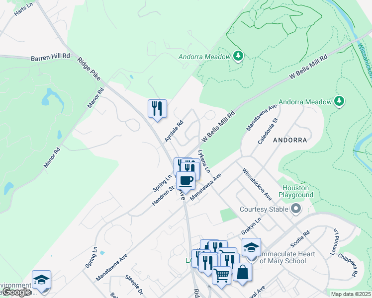 map of restaurants, bars, coffee shops, grocery stores, and more near 835 Green Valley Dr in Philadelphia