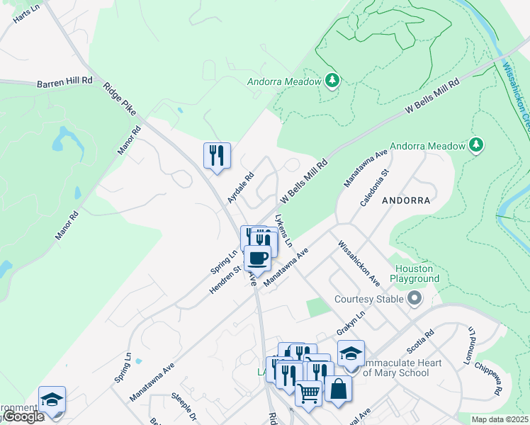 map of restaurants, bars, coffee shops, grocery stores, and more near 847 Bells Mill Road in Philadelphia