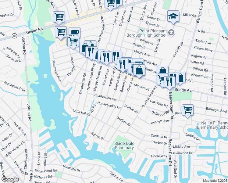 map of restaurants, bars, coffee shops, grocery stores, and more near 1324 Curtis Avenue in Point Pleasant Beach
