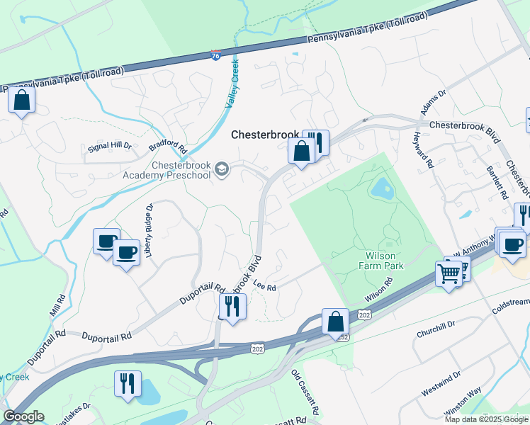 map of restaurants, bars, coffee shops, grocery stores, and more near 307 Cheswold Court in Chesterbrook