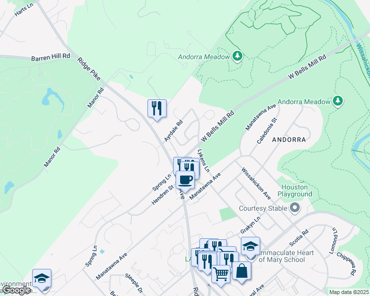 map of restaurants, bars, coffee shops, grocery stores, and more near 835 Green Valley Dr in Philadelphia